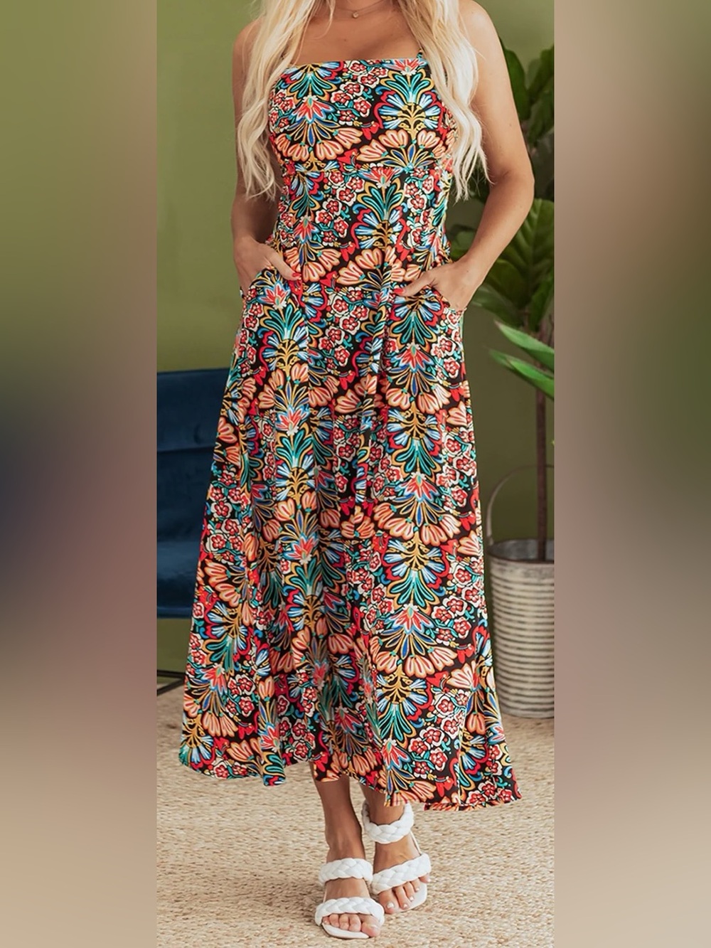 Med NWT Boho Floral High Waist Maxi Dress